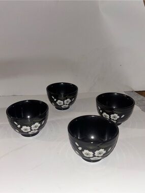Black Floral Ceramic Tea Cups - Set of 4